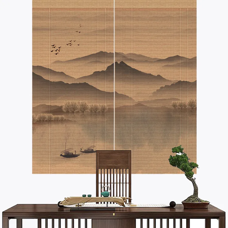 竹卷帘隔断帘玄关背景墙山水风格竹帘遮阳茶道竹窗帘可全遮光竹帘