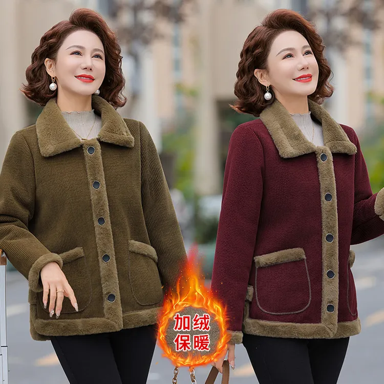 冬季新款中老年妈妈棉袄加绒加棉保暖洋气轻便小棉衣时尚大码外套