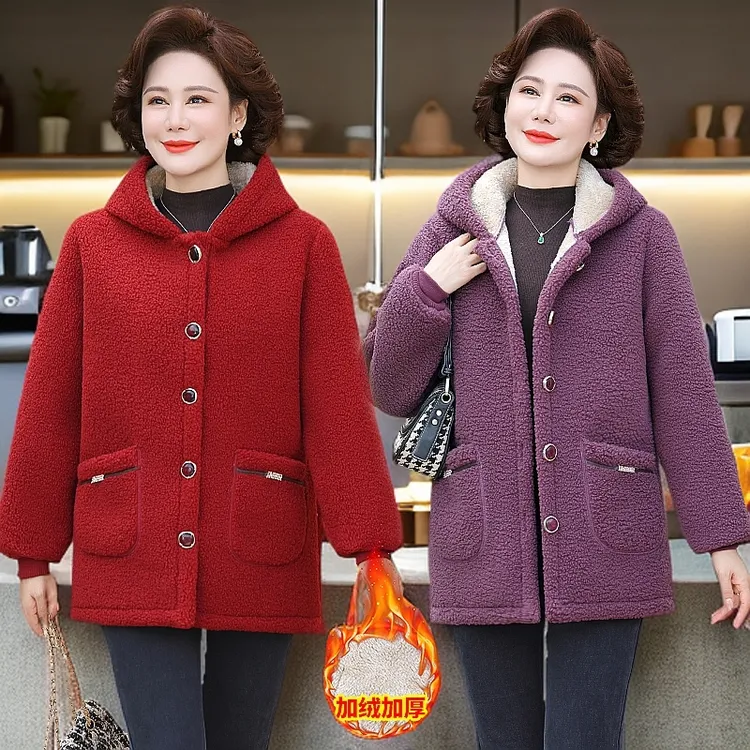 新款妈妈装连帽加绒加厚轻便秋冬颗粒绒中老年外套中长款大码爆款