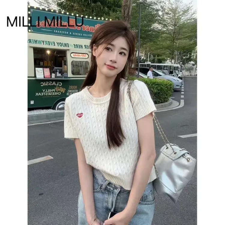 爱心刺绣麻花短袖针织衫女夏季2024新款韩系白色宽松显瘦短款上衣