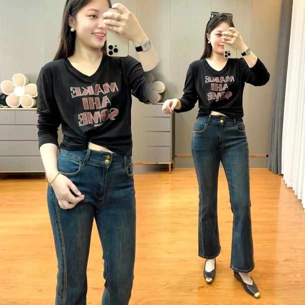 御妍婷992喇叭裤显瘦中腰弹力九分牛仔裤时尚百搭秋冬窄版微喇裤