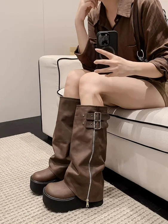 增高过膝复古长筒靴女2025秋冬新款小个子时尚靴松糕底中筒骑士靴