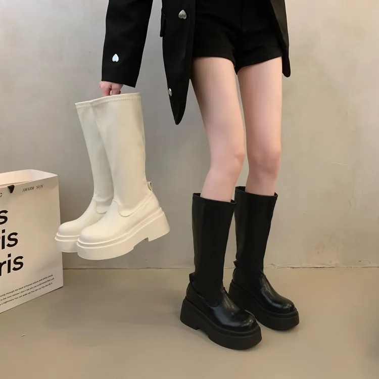 辣妹弹力瘦瘦靴女白色显瘦小个子不过膝长筒靴女厚底中高筒骑士靴