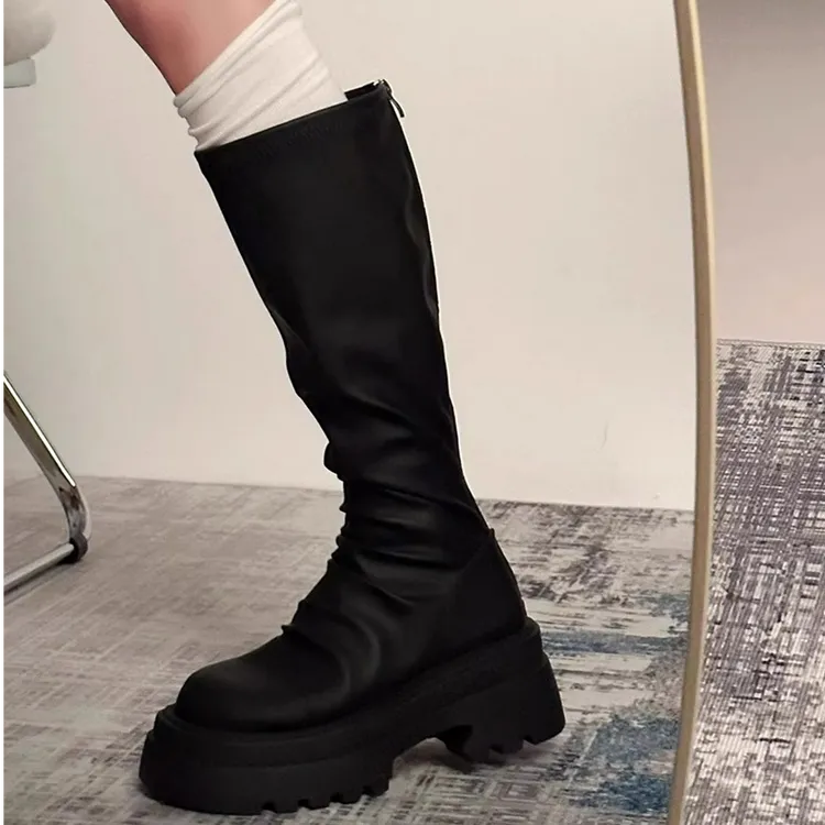 骑士靴子女2025新款加绒高筒靴不过膝黑色粗跟大腿围粗腿长靴百搭