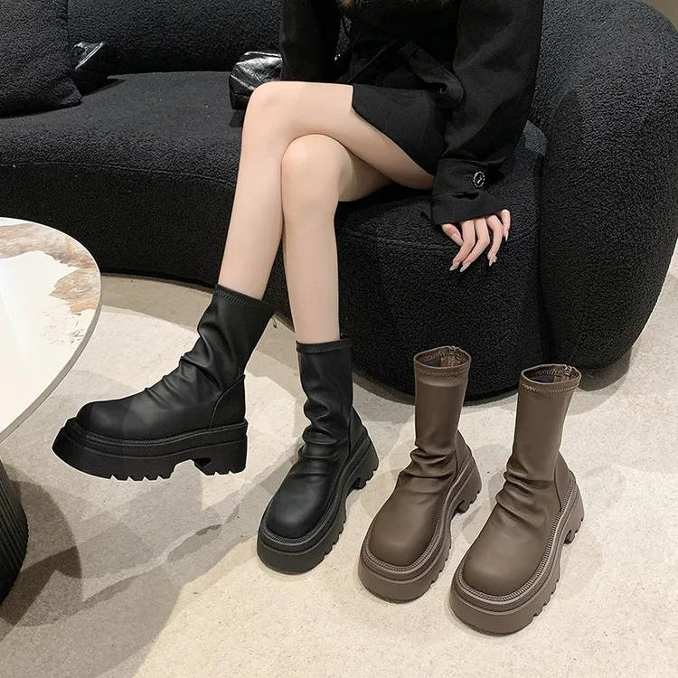 韩版堆堆靴女2025年网红松糕底弹力靴时尚百搭瘦瘦靴小个子中筒靴