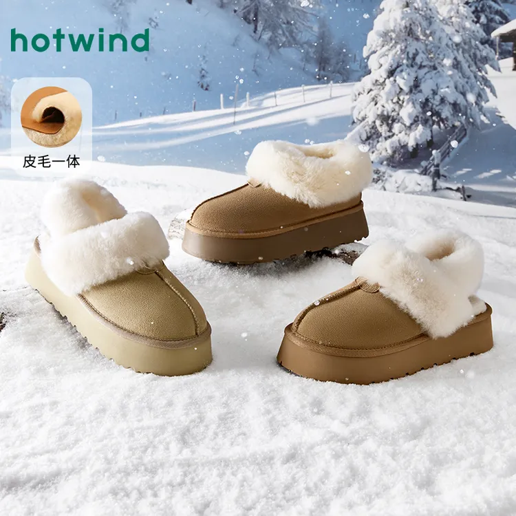 热风2024年秋冬雪地靴皮毛一体毛绒棉靴厚底增高牛皮棉靴H89W4405