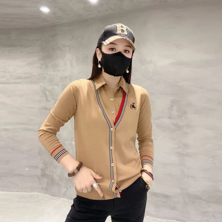 新款休闲百搭条纹衬衣领毛衣假两件上衣女装开衫长袖秋冬针织衫潮