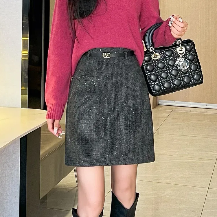 亮片羊毛呢半身裙女秋冬新款高腰显瘦直筒裙气质A字包臀长裙28671