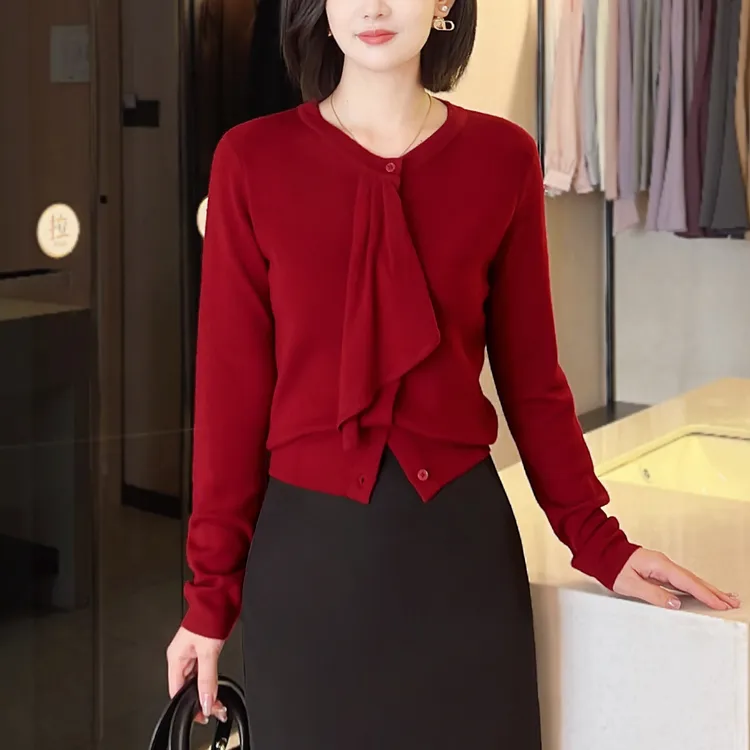 【年终大促】飘带羊毛针织衫秋冬款设计感打底衫气质显瘦开衫28271