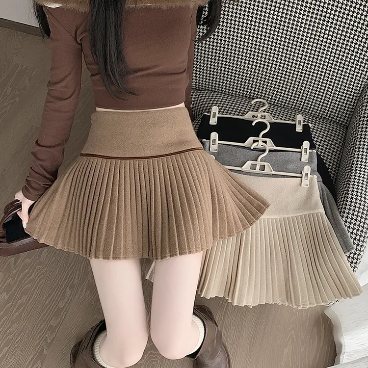针织百褶裙毛呢短裙百搭防走光A字半身裙女秋冬季高腰显瘦格子裙