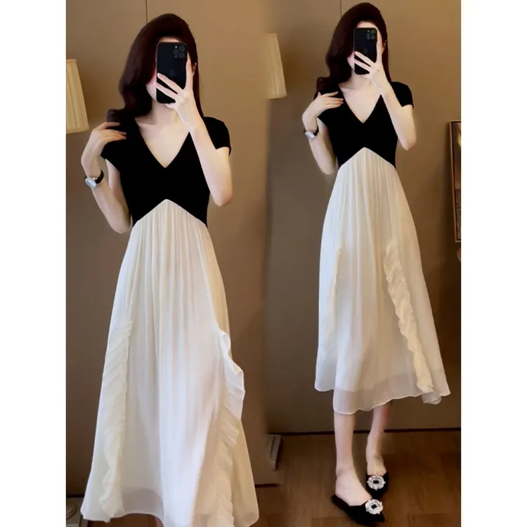 榆梦法式拼接连衣裙女士夏季新款设计感小众假两件气质荷叶长裙子