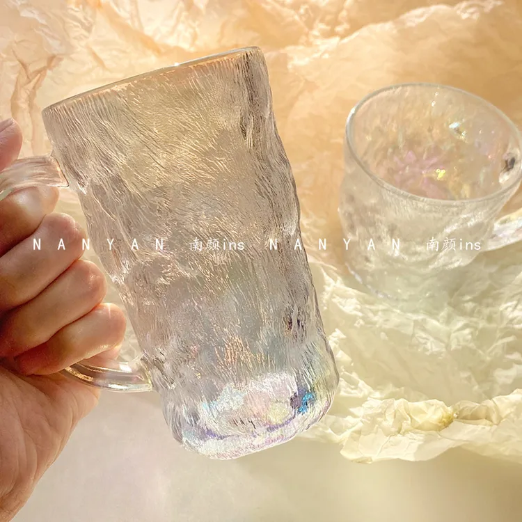 快楽限定*带把手冰川纹玻璃杯磨砂高级感ins高颜值杯子女家用喝水