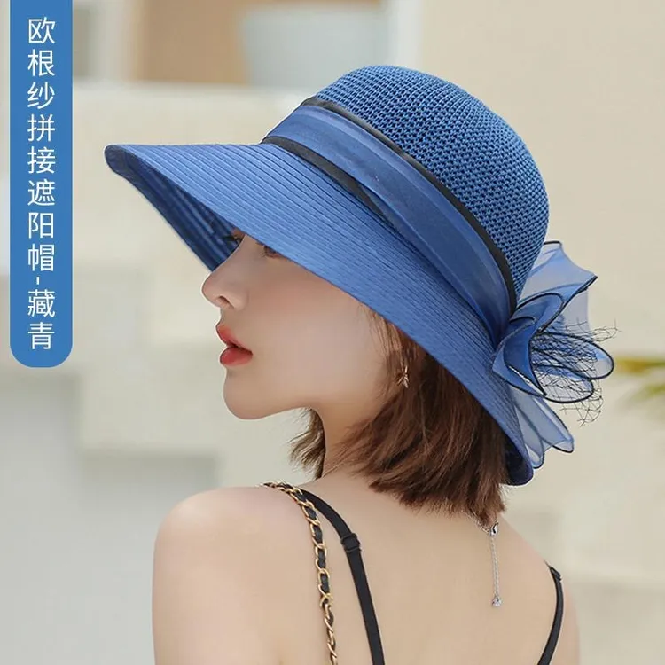 2025年花朵遮阳防晒帽可折叠遮阳帽夏季拼接藏青太阳帽