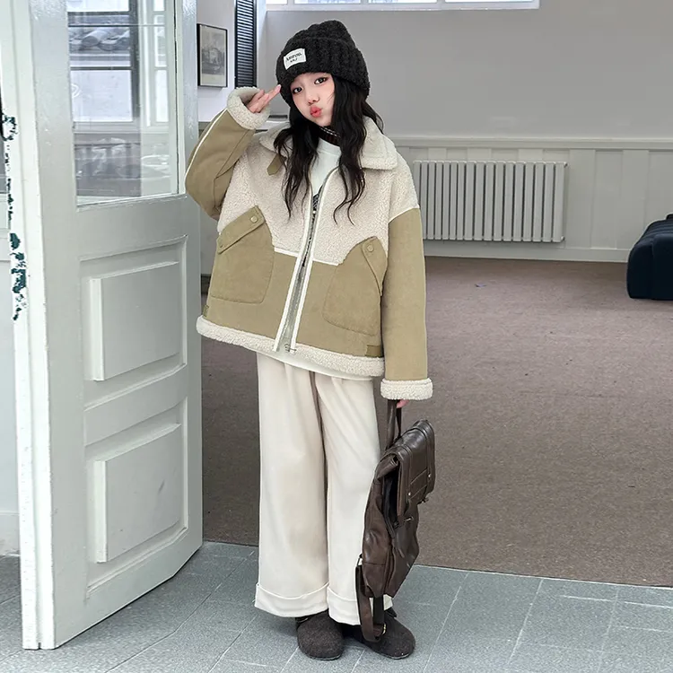 女童套装秋冬装2024新款洋气大童皮毛一体外套时髦加绒儿童两件套