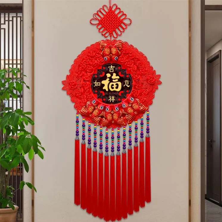 太阳花圆形八鱼高档桃木福字中国结挂件客厅大号乔迁玄关春节新年