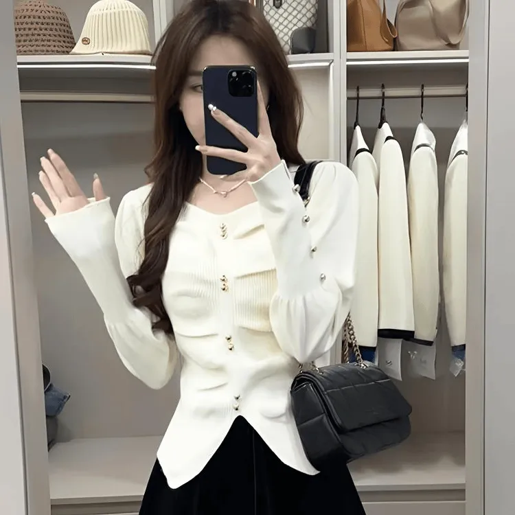 法式V领泡泡长袖针织衫女春秋冬季修身显瘦小众褶皱毛衣打底上衣