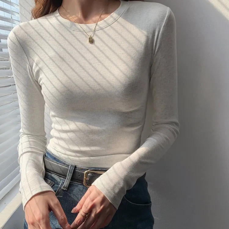秋冬螺纹修身显瘦长袖t恤女正肩体恤紧身打底衫基础款小衫上衣女