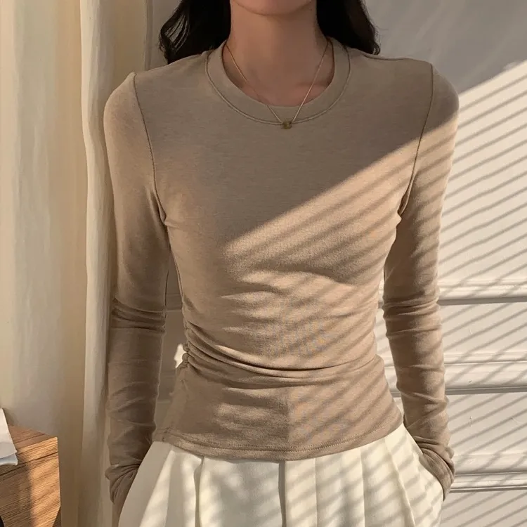 春秋冬长袖磨毛加薄绒保暖T恤上衣女新款正肩百搭基础卡腰打底衫
