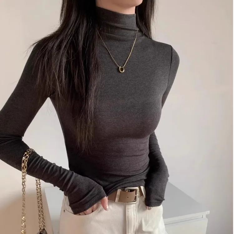 半高领打底衫2025秋冬正肩发热内搭修身磨毛加薄绒上衣长袖t恤女