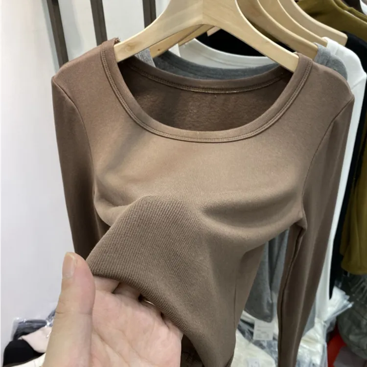 欧货正肩露锁骨加绒长袖打底衫女2025秋冬新款修身内搭保暖t恤ins