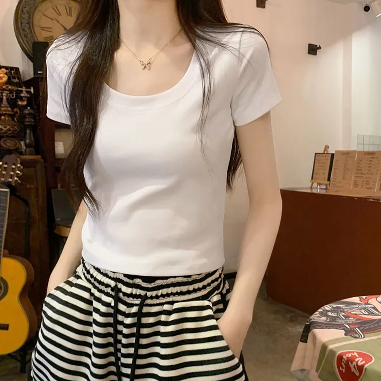 纯欲低圆领锁骨t恤女夏季修身小U领纯棉短款辣妹正肩短袖白色上衣