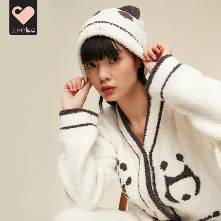 loveloveloc半边绒家居服睡衣月子服秋冬加厚外穿保暖套装针织