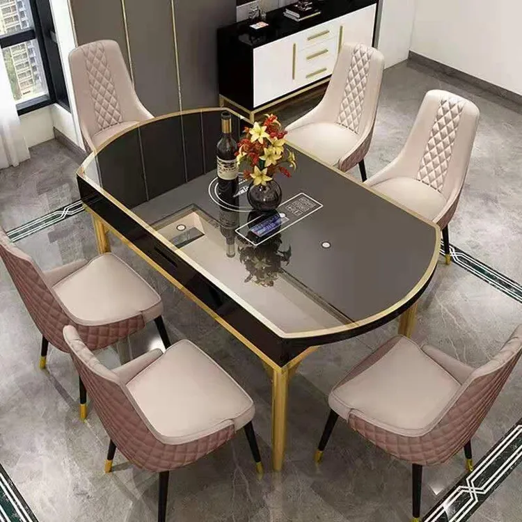 现代简约拉伸折叠轻奢餐桌椅极简带电磁炉家用可变长方形高端餐桌