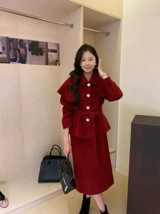 大红本命年红色套装显瘦气质时尚双面呢羊绒毛呢