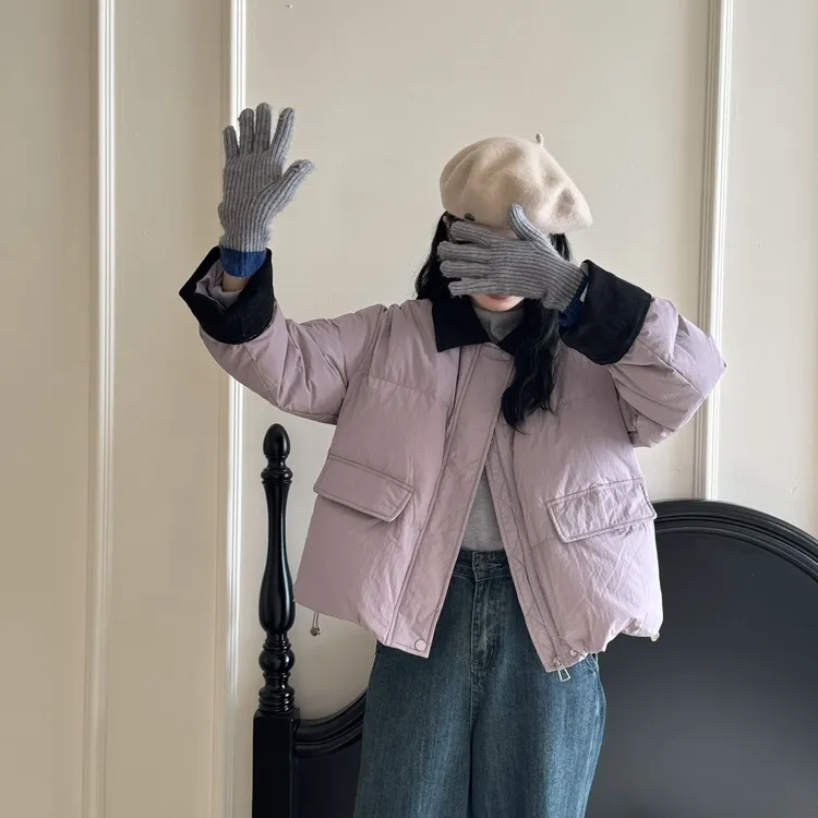 《芋泥波波》3主推2024冬季新款拼接鸭绒羽绒服女保暖短面包服短款