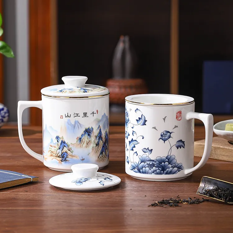 中式带盖陶瓷杯办公室泡茶杯带过滤网茶水分离杯茶隔杯马克杯定制