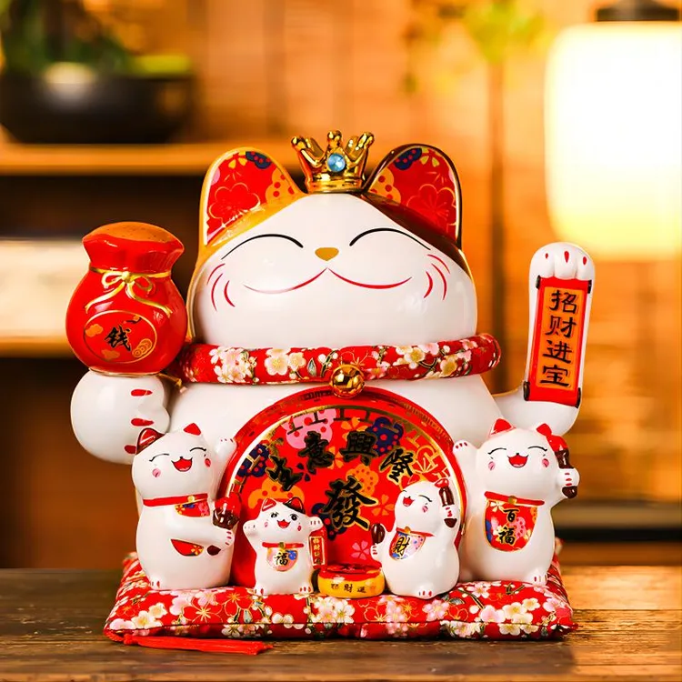 招财猫摆件11寸摇手生意兴隆发财猫开业送礼前台摆放收银台陶瓷摆
