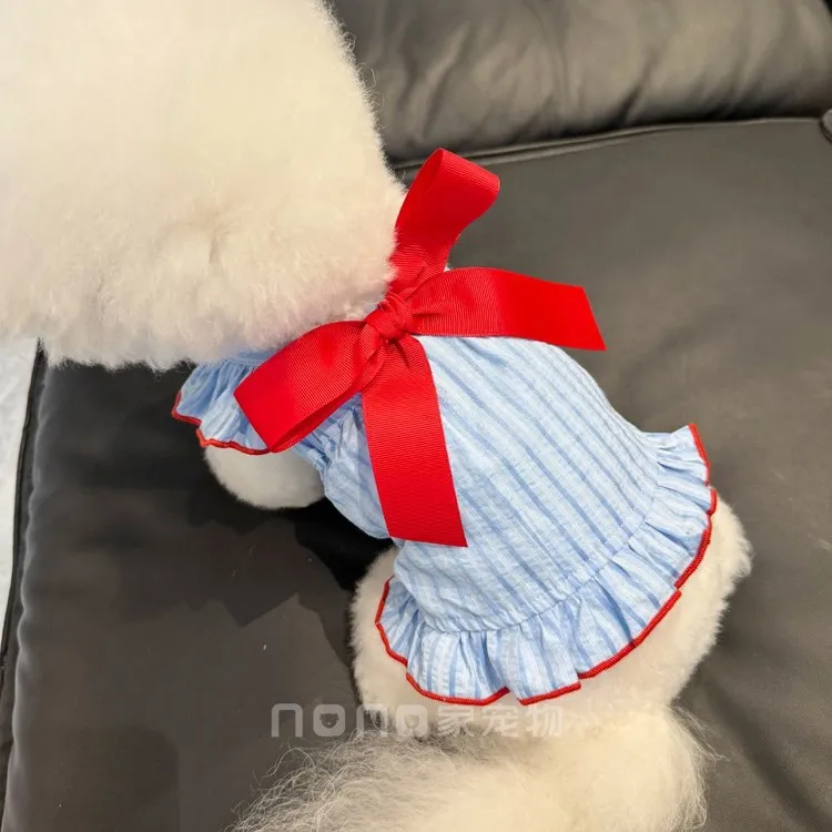 小狗狗衣服夏季薄款条纹大蝴蝶结飞袖吊带裙宠物比熊泰迪猫咪衣服