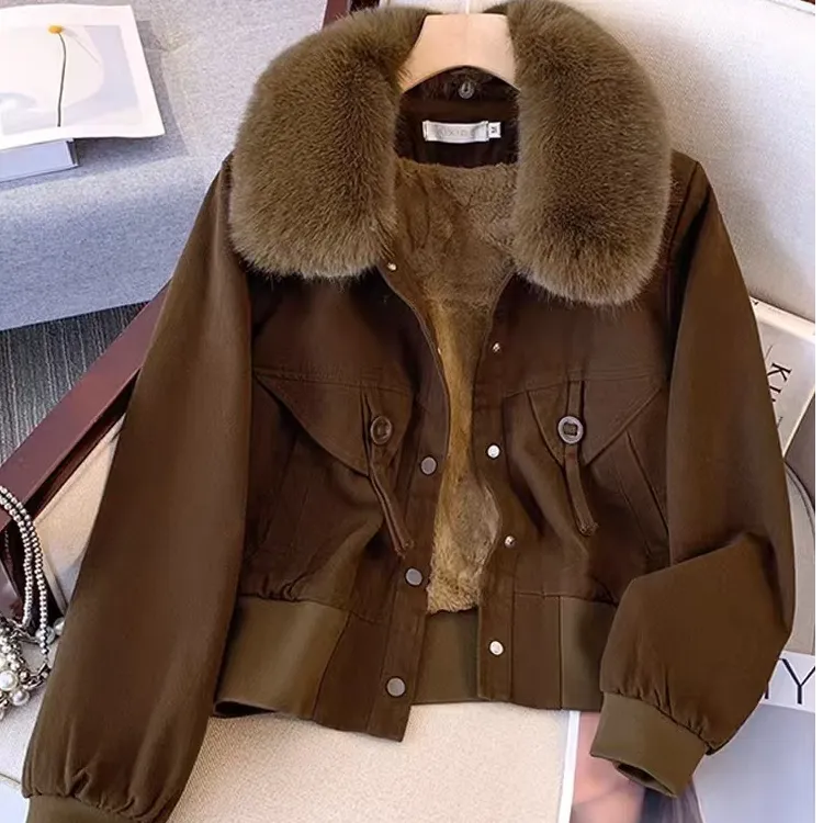 加绒加厚牛仔短外套女士秋冬新款小个子保暖派克服时尚棉服上衣