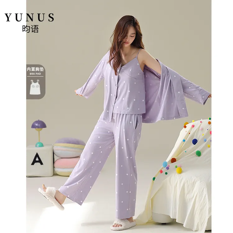 昀语【带胸垫三件套】7A抗菌长袖纯棉睡衣女春秋款波点家居服套装