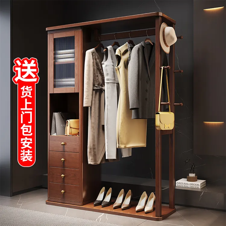 家用穿衣镜落地全身镜子一体式实木挂衣架卧室床边放衣服包安装