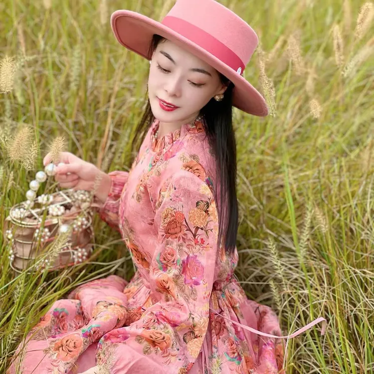【多米拉】23422-1早秋新款桑蚕丝亚麻干枯玫瑰气质修身显瘦连衣裙