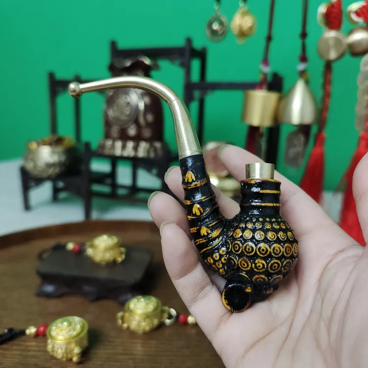 贵州民间烟斗实心竹雕刻黑色小一体一把抓三用火口手把件