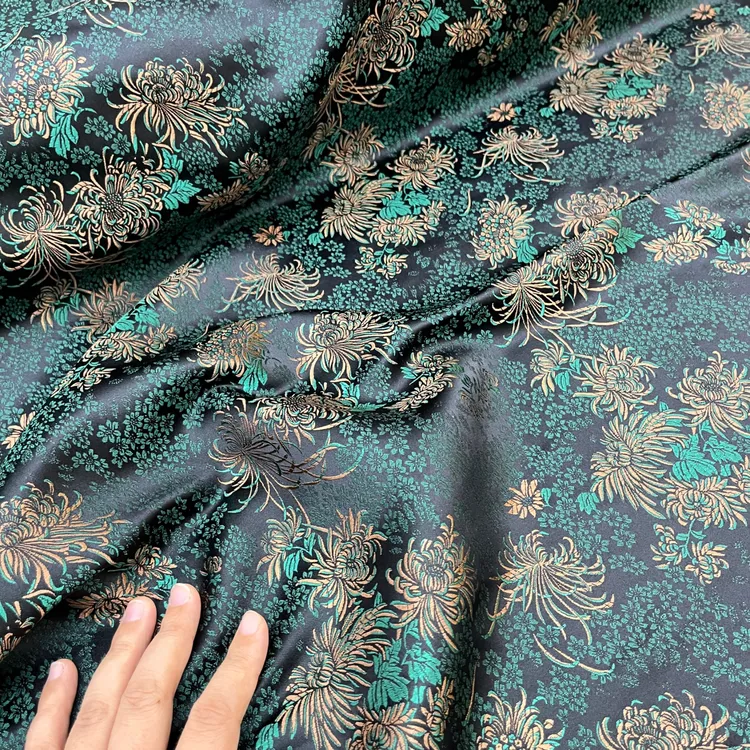 黑底绿咖菊 幅宽75公分 织锦缎提花国风民族风服装面料手工