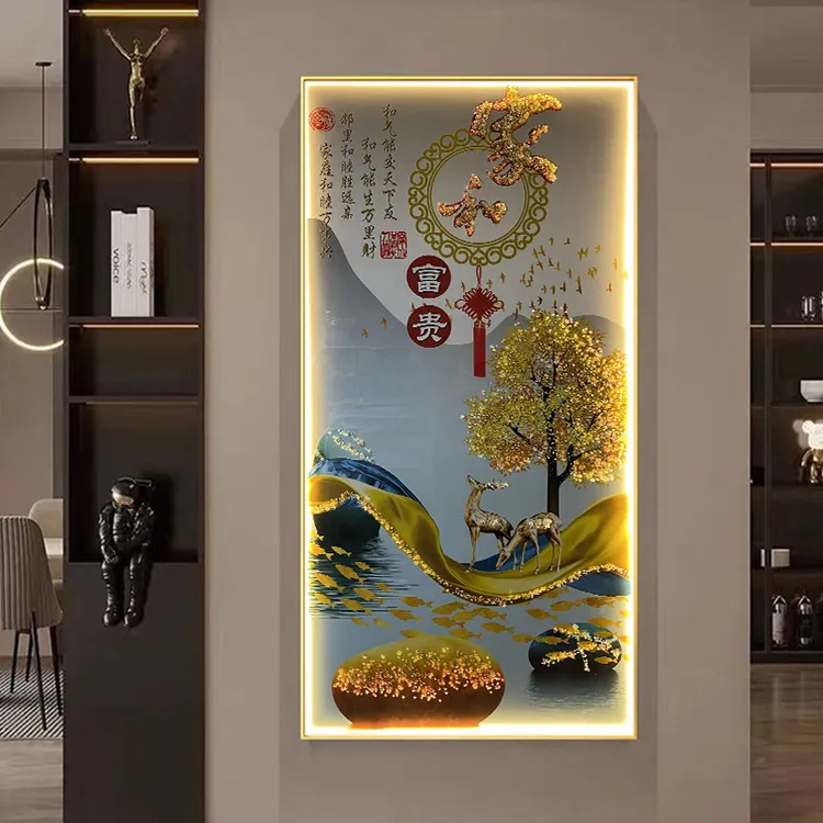 家和玄关画挂画铝合金边框装饰画烤瓷镶钻入户门灯光画走廊过道