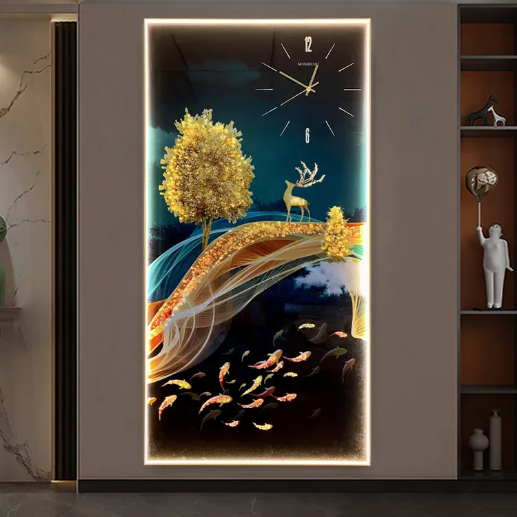 现代钟表装饰画镶钻led灯光玄关入户墙客厅过道走廊挂画轻奢大气