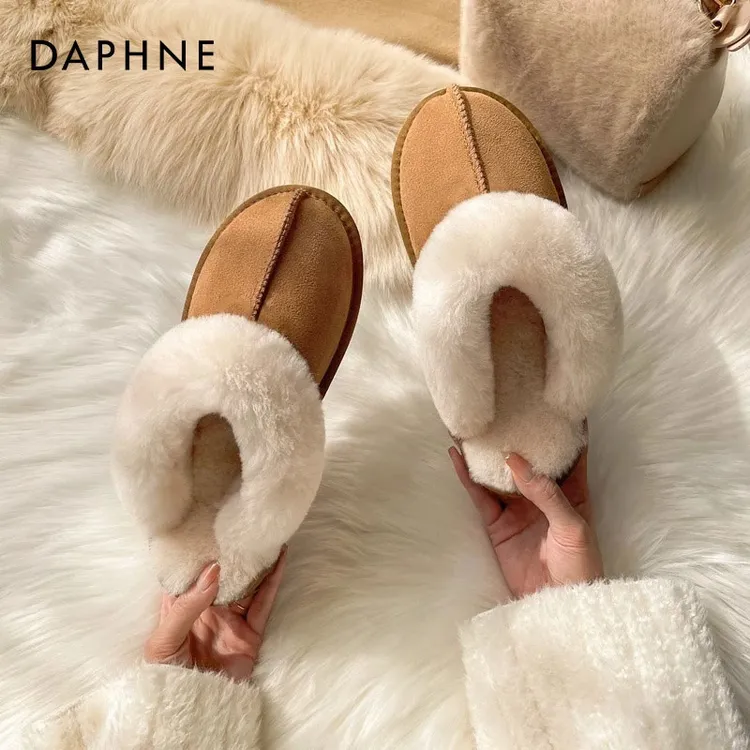 达芙妮厚底毛毛拖鞋女外穿2025新款冬季真皮雪地靴包头半拖鞋棉鞋
