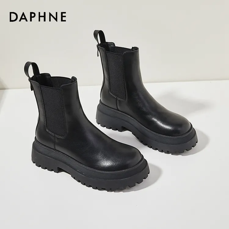 达芙妮黑色厚底马丁靴女款2025新款秋冬时尚切尔西短靴增高烟筒靴