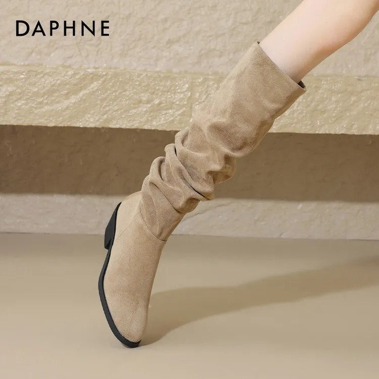 达芙妮卡其色长靴女靴子2025新款秋冬堆堆靴美拉德高筒长统雪地靴商品图