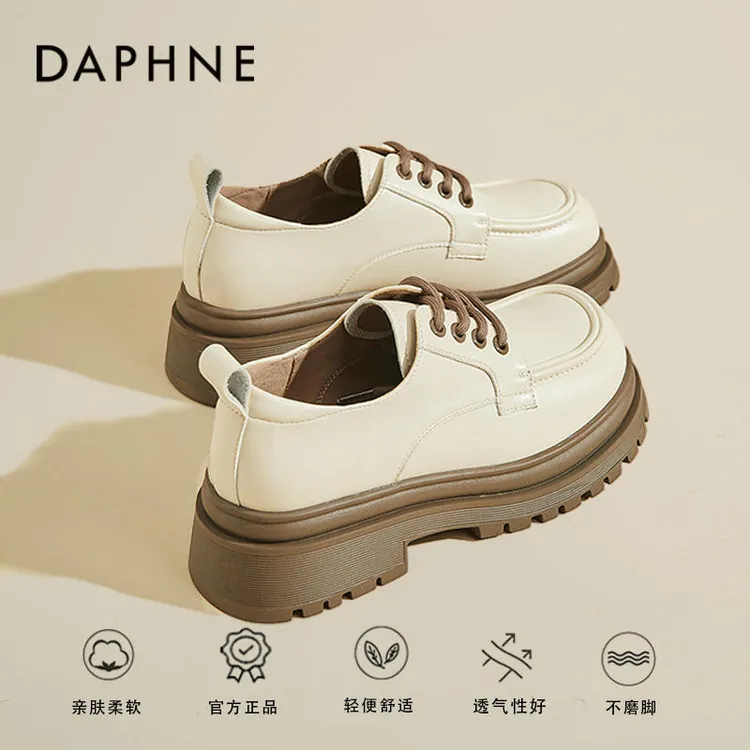 达芙妮厚底小系带女鞋2025新春秋英伦风透气性乐福鞋增高圆头单鞋