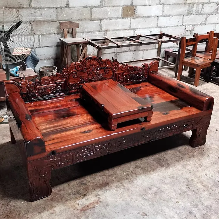 老船木罗汉床新中式沙发床小户型仿古躺椅雕花床实木贵妃椅榻榻米