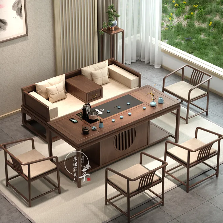 新中式黑胡桃茶桌椅组合功夫泡茶桌办公家用一体实木茶台禅意茶几