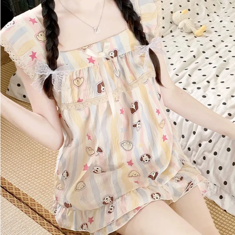 夏天云朵棉睡衣带胸垫日系风甜美小飞袖可爱风吊带套装家居服