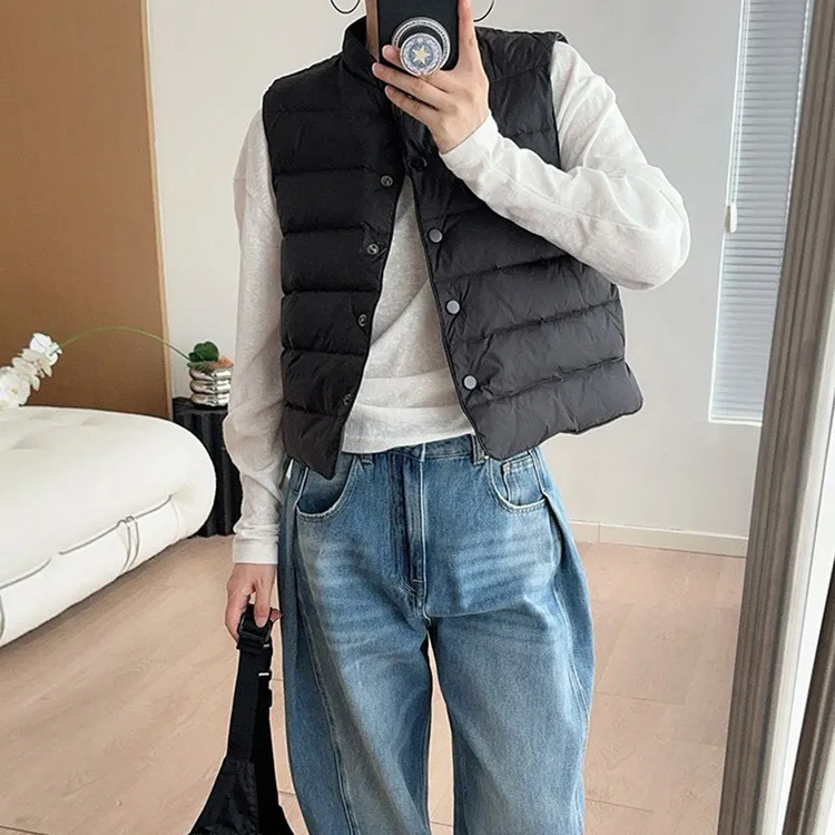 软糯舒适时尚休闲短款90鹅绒小立领羽绒马甲上衣女黑色羽绒服