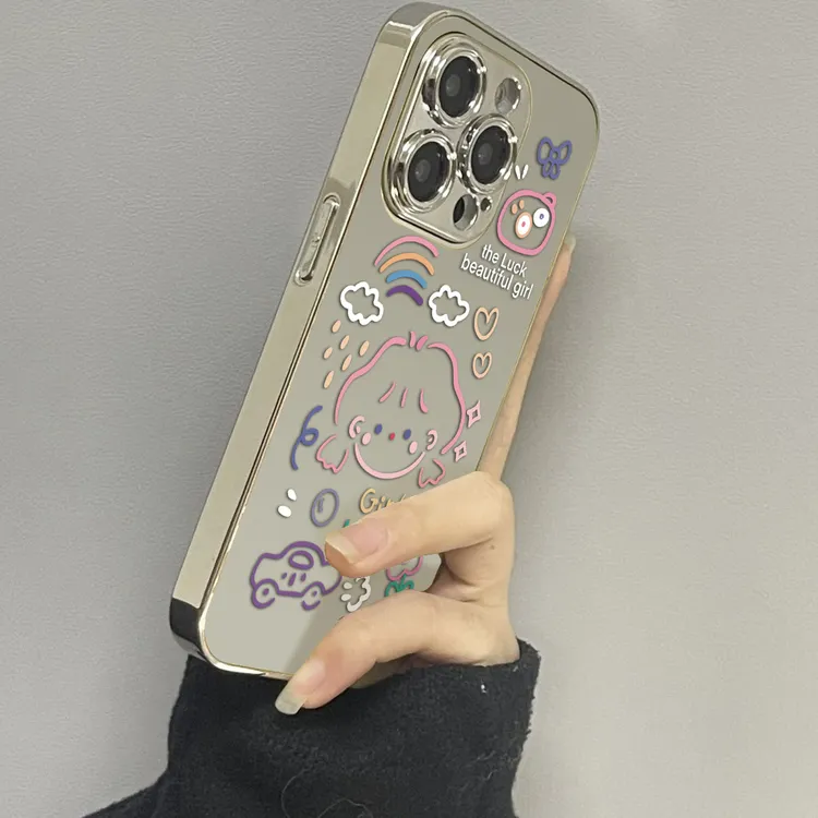 适用苹果16promax手机壳涂鸦女孩15pro镜面iphone14pro保护套情侣