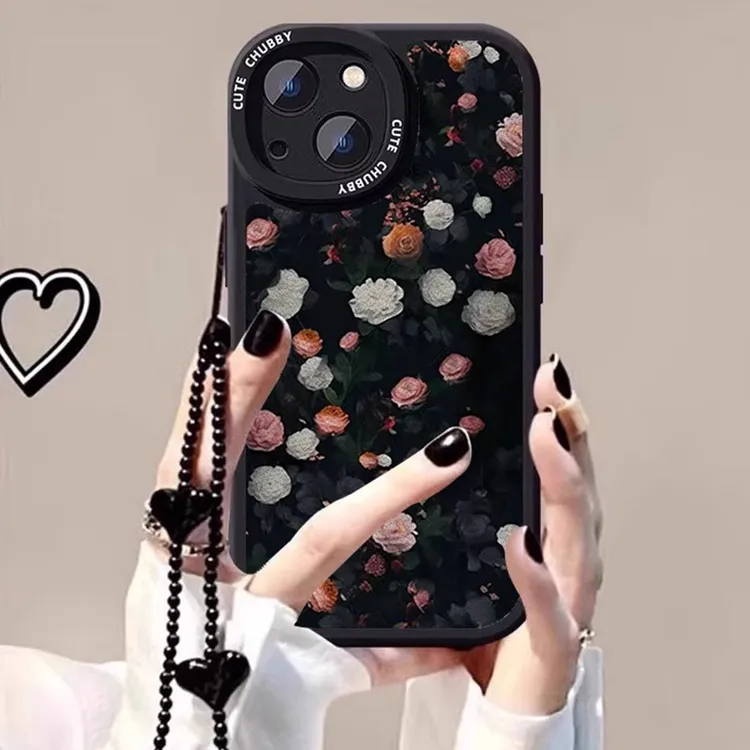 适用苹果16pro手机壳油画黑玫瑰iPhone 17保护壳15小羊皮个性创意